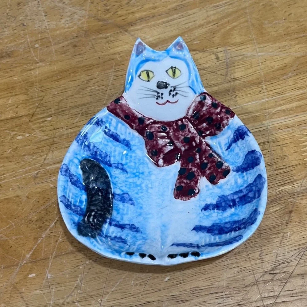 Vtg Reading China & Glass‎ Italy Ceramic Blue Cat Trinket Dish Kitschy Folk Art
